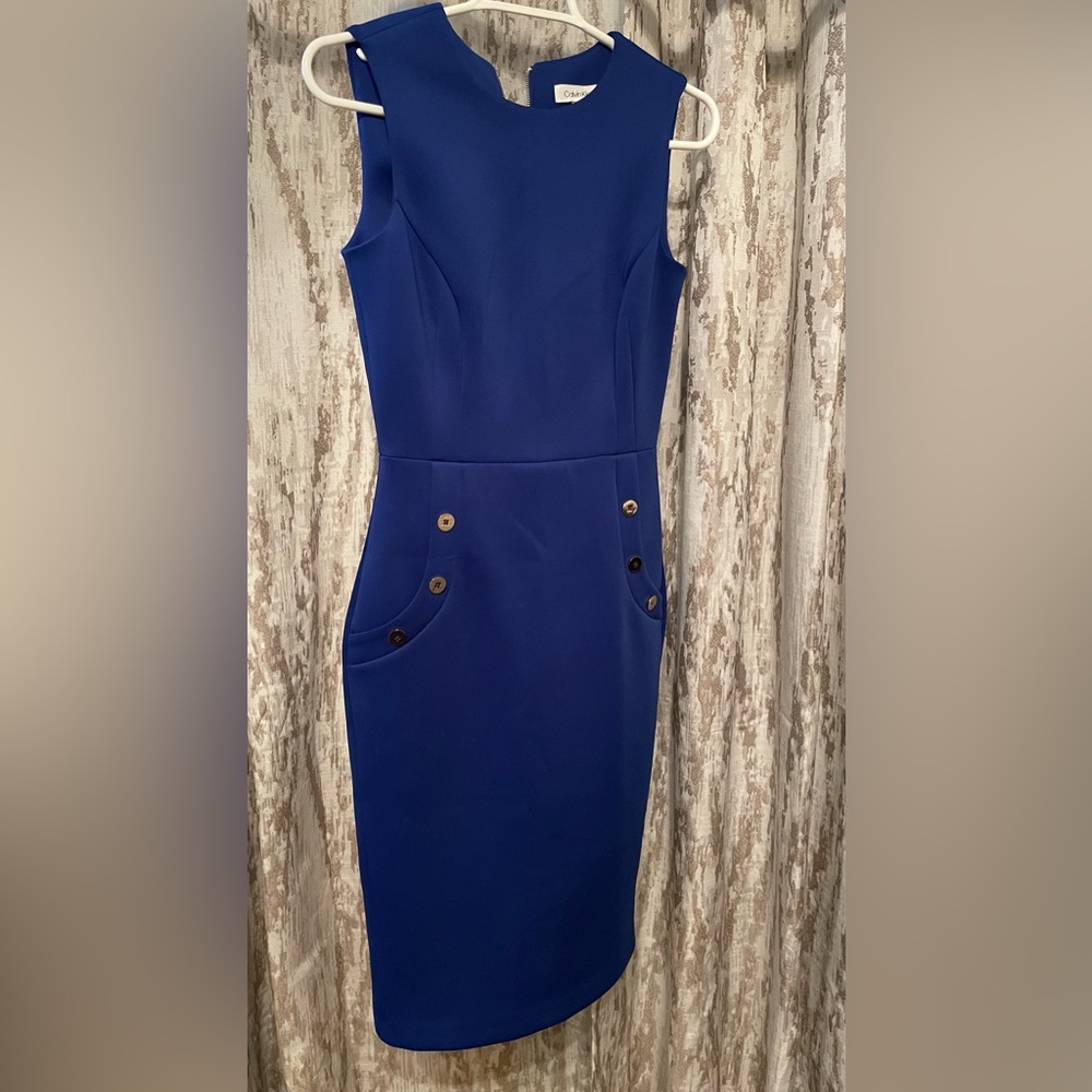Calvin Klein Blue and Gold Sheath Midi Dress